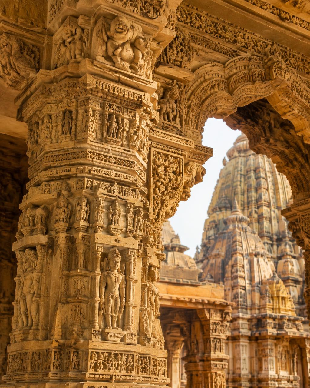 Carved sandstone pillar and arch of the temple