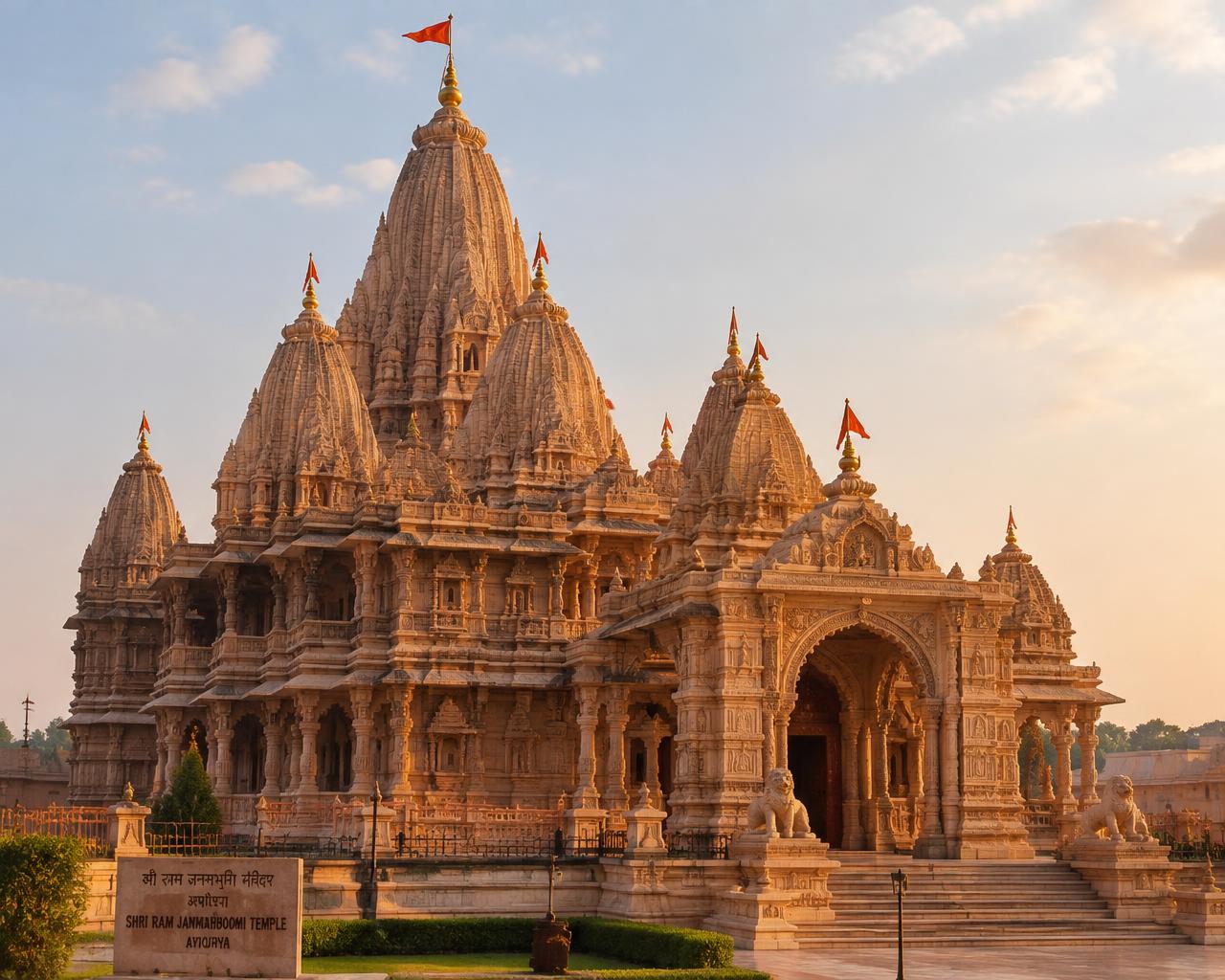 Ram Mandir exterior with multiple shikharas